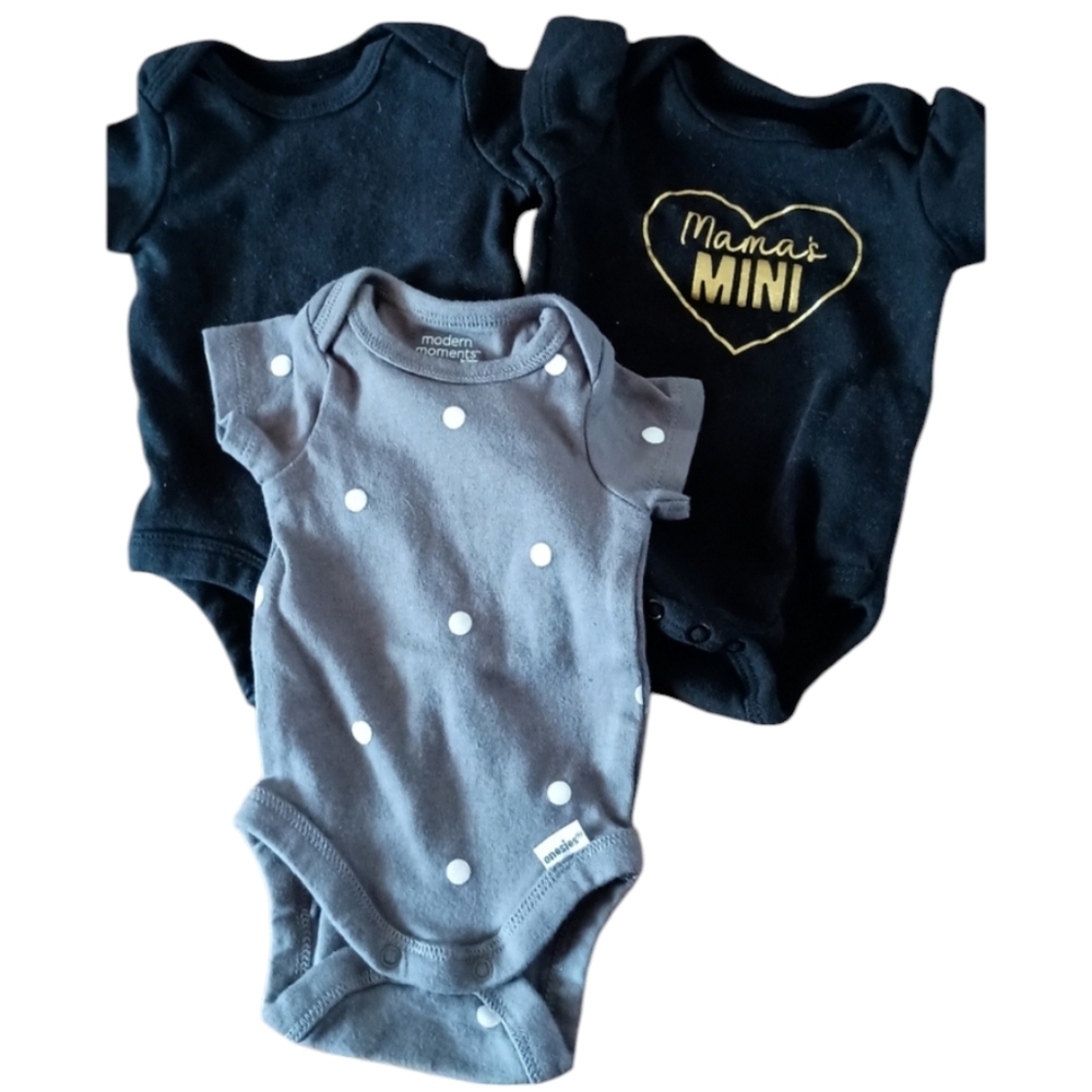 3 Piece Baby Onsies Size Newborn Various Brands Black & Gray Colors